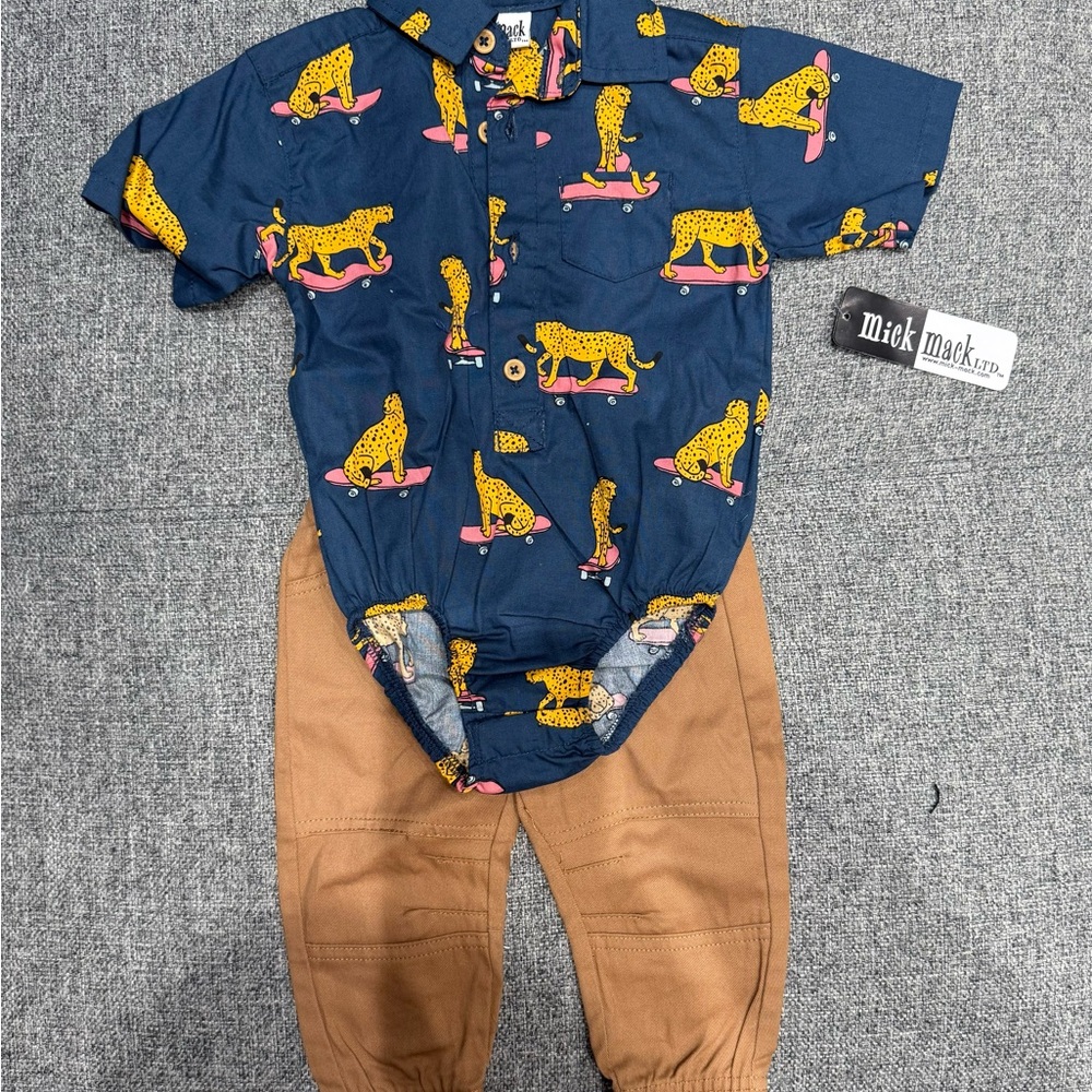 Mick Mack Kids Blue Leopard Print Shirt and Brown Pants Set